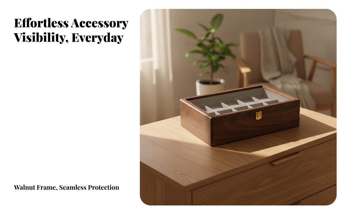 Watch Display Box with Glass Lid | Solid Walnut Wood Construction, Soft clothLined Interior, Watch Box with Glass Lid, for Dresser