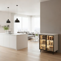 Kitchen Cabinet with Glass Doors Versatile Storage Cabinet with Hard Surface Top Modern Dining Room Credenza for Apartment Dwellers