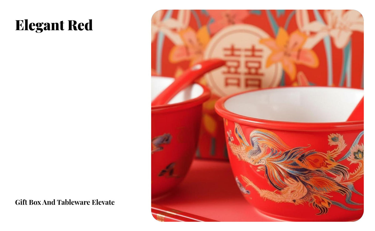 Ceramic Wedding Bowl Set, Red Double Happiness Tableware, Creative Chinese Gift for Newlyweds, Chopsticks & Spoon