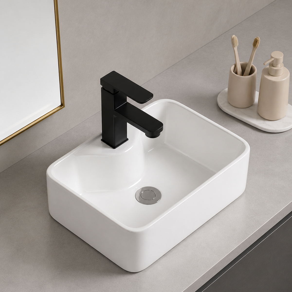 White Ceramic Bathroom Sink, Rectangular Countertop Lavabo Salle de Bain Ceramique, 13cm Deep Vessel Sink with Faucet & Drain