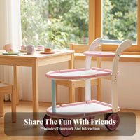 Pink and White Wooden Toy Cart Curved Handle Wooden Rolling Cart Open Shelves Children's Furniture Rounded Edges