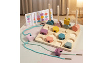 Multifunctional Lacing Board with Pegs Wooden Geometric Matching Board Fine Motor Skills Sorting and Stacking Toy Set Educational for Toddlers, Preschoolers, Homeschooling
