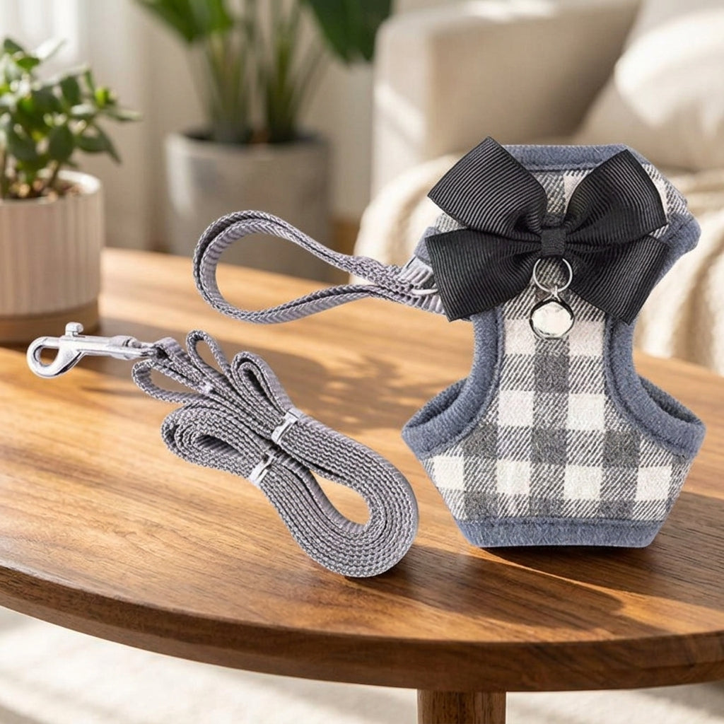 Cat Harness and Leash Set, Textile Vest Small Dog Harness for Outdoor Walking, Adjustable Kitten Harness for Trips, Bow Tie Accent and Plaid