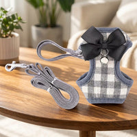 Cat Harness and Leash Set, Textile Vest Small Dog Harness for Outdoor Walking, Adjustable Kitten Harness for Trips, Bow Tie Accent and Plaid