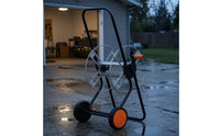 Metal Hose Reel Carrier Black Frame Wheeled Hose Reel Carrier Orange Crank Handle Outdoor Storage Painted Finish for Car Washing