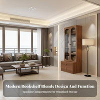 Solid Wood Core Wooden Bookcase with Glass Doors Large Capacity Bookcase with Glass Doors Multi-Functional Design Freestanding Display Cabinet Long-Lasting and Sturdy for Book Lovers, Collectors, Interior Decorators, Study, Home Office, Bedroom