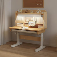 Child's Writing Table with Chair Wooden Student Writing Desk with Hutch Ergonomic Height Adjustable Homework Station Built-in Lamp Suitable for Kids Study Room Home School