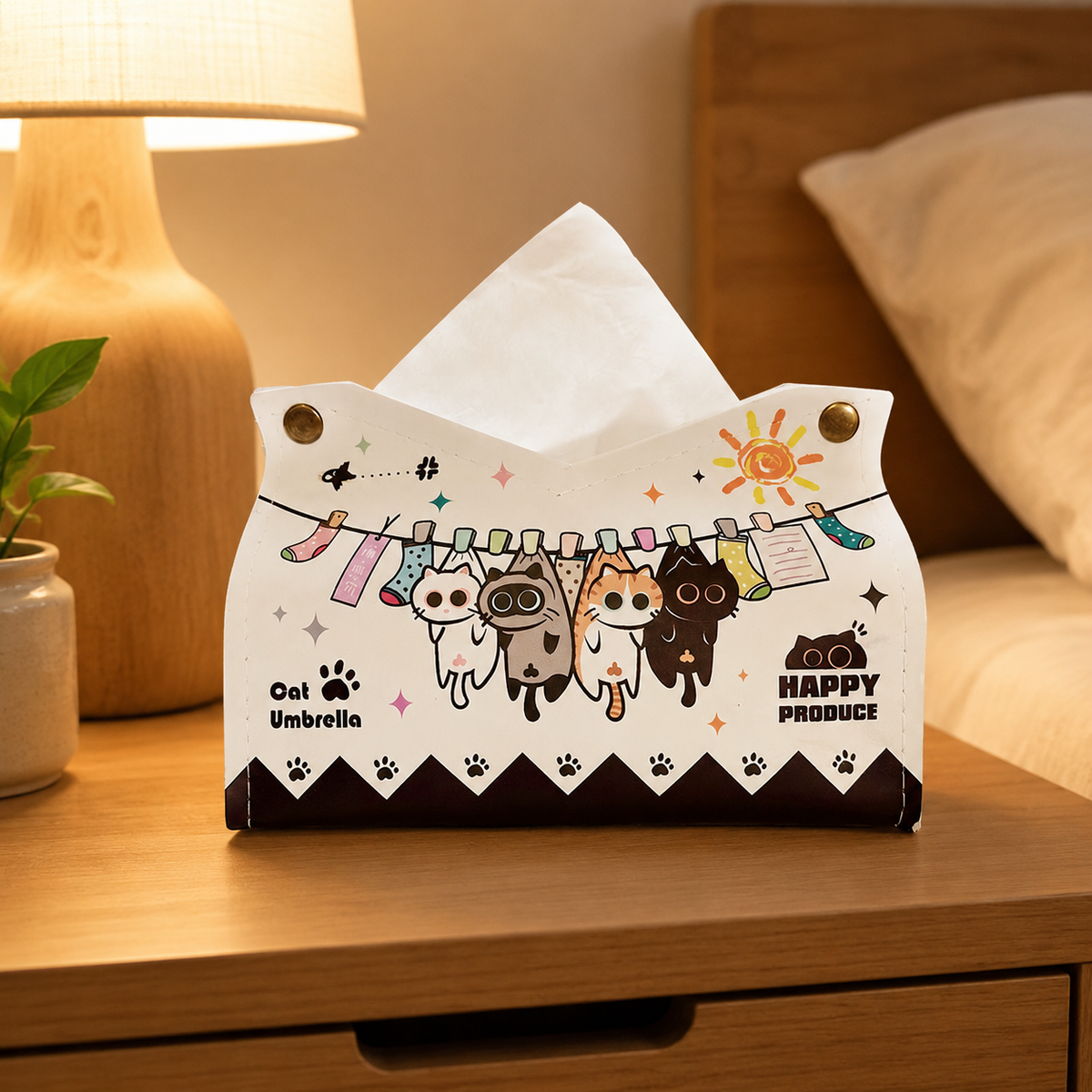 Waterproof Tissue Box Cover, White Leather Tissue Box Holder with Cartoon Print, 24x20x17.5cm Pull-Out Tissue Holder for Car, Living Room, Bathroom