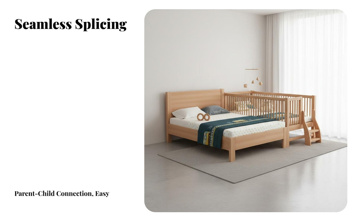 Beech Wood children's Bed Seamless Splicing Solid Wood Bed Extension Rounded Corners Wooden Crib for Infants, Young Children, Bedroom, Home