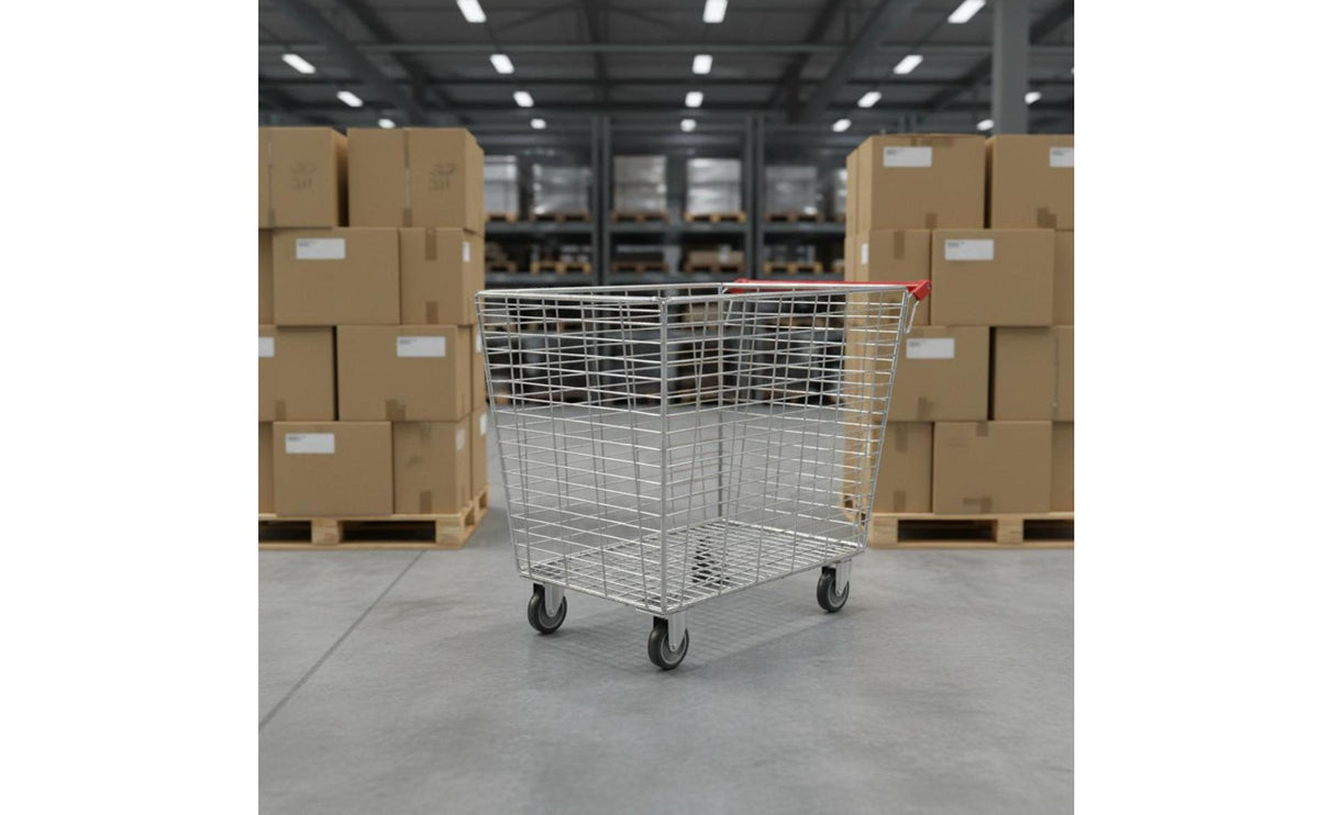 Heavy Duty Galvanized Supermarket Trolley 4 Wheels Warehouse Trolley Rust Resistant Storage for Retailers