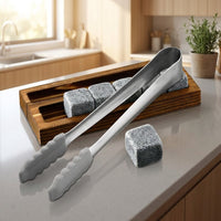 Gift for Him Whisky Stones Gift Set with 9 Chilling Stones, Bar Accessories with Silicone Ice Clip Set, Granite Rocks Reusable, Wood Barware
