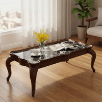Coffee Table with Marble-Look Traditional-Aesthetic Top-Style Low Coffee Table Curved-Leg Furniture for Living Room, Sitting Area, Reading Corner