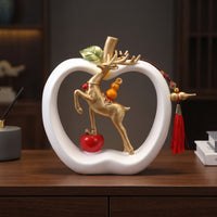 Gold-Toned Deer Figurine in Apple Frame Glossy Deer Ornament Elegant Sculpture with Tassel Sculptural for TV Cabinet, Entryway, Living Room, Bookshelf