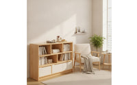 Low Bookshelf with Cubbies Wood Grain Bookcase with Doors Floor-Standing Low Bookcase for Bedroom, Reading Corner