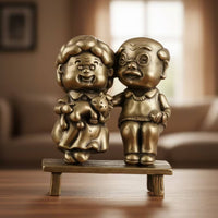 Elderly Couple Statue Brass Figurine with Bench Antique-Style Couple Figurine for Desk Decoration