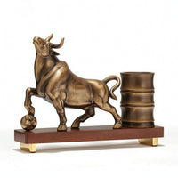 Pen Holder with Bull Statue Decorative Bull Statue Pen Cup Desk Organizer Metal-Finish Sculptural for Collectors, Office, Study