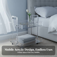 Transparent Design 2-Tier Clear Utility Cart Movable with casters 2-Tier Rolling Organizer Multi-Functional Bedside Table Multifunctional for Apartment Dwellers, Homeowners, Office Workers, Living Room, Kitchen, Bedroom, Bathroom