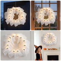 Light-up Ghost Wreath Spooky Halloween Wreath with Lights Pre-Lit Hanging Decoration Indoor Outdoor for Window