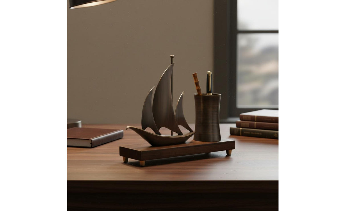 Sailboat Sculpture Pen Stand Luxury Gift Boat Model Desk Organizer Wooden Base