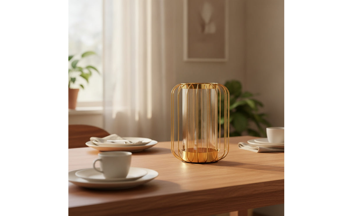 Vase with Metal Cage Gold-Tone Lantern Vase Tabletop Glass Flower Holder for Dining Table, Living Room, Entryway Console