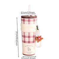 Portable Wrist Strap Large Capacity Insulated Cup Plaid Pattern Tumbler Drinkware for Office, School