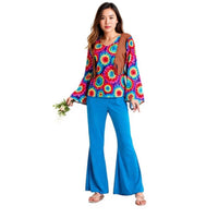 Plus Size Available Hippie Bell-Bottom Set Groovy Patterns Flared Pants and Accessories Set Psychedelic Print 70s Outfit Color Block Design for Cosplayers, Party-Goers, Halloween, Stage Performance, Cosplay Events, Dance Parties