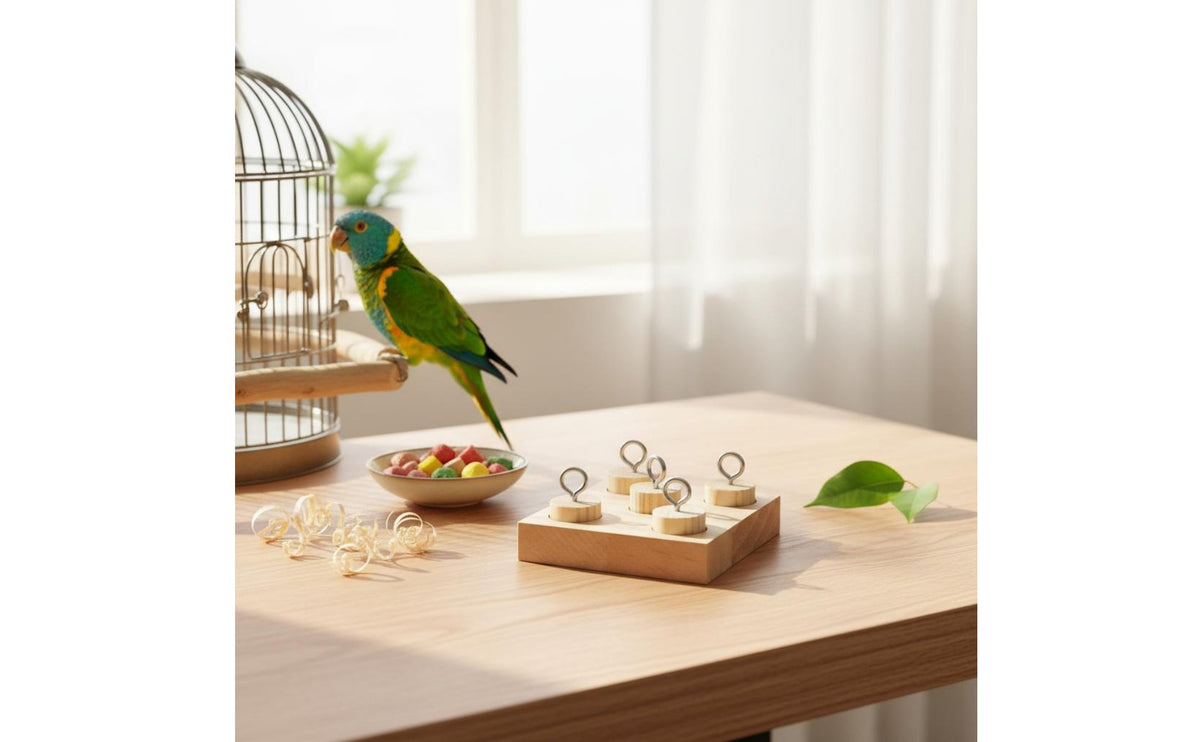Natural Wood Parrot Brain-Teaser Toy with Pegs for Training and Enclosure