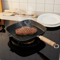 Ribbed Frying Pan Ridged Surface Cast Iron Skillet Easy to Clean Cookware