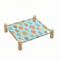 Wood Frame Raised Pet Cot Bed Patterned Print Elevated Pet Lounge Bed Bound Edges Hammock Style for Lounging, Resting
