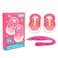 Punched Holes Wooden Lacing Shoe Board Hand-Eye Coordination Shoe Tying Practice Board Early Education Life Skill Trainer Fine Motor Skills for Preschoolers, Kids, Classroom