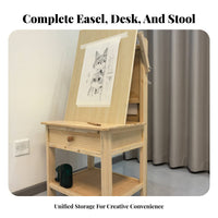 Multi-Functional All-in-Single Easel Desk Solid Wood Adjustable Sketching Easel Stable Structure Artist Desk Storage Drawer for Artists, Beginners, School, Home