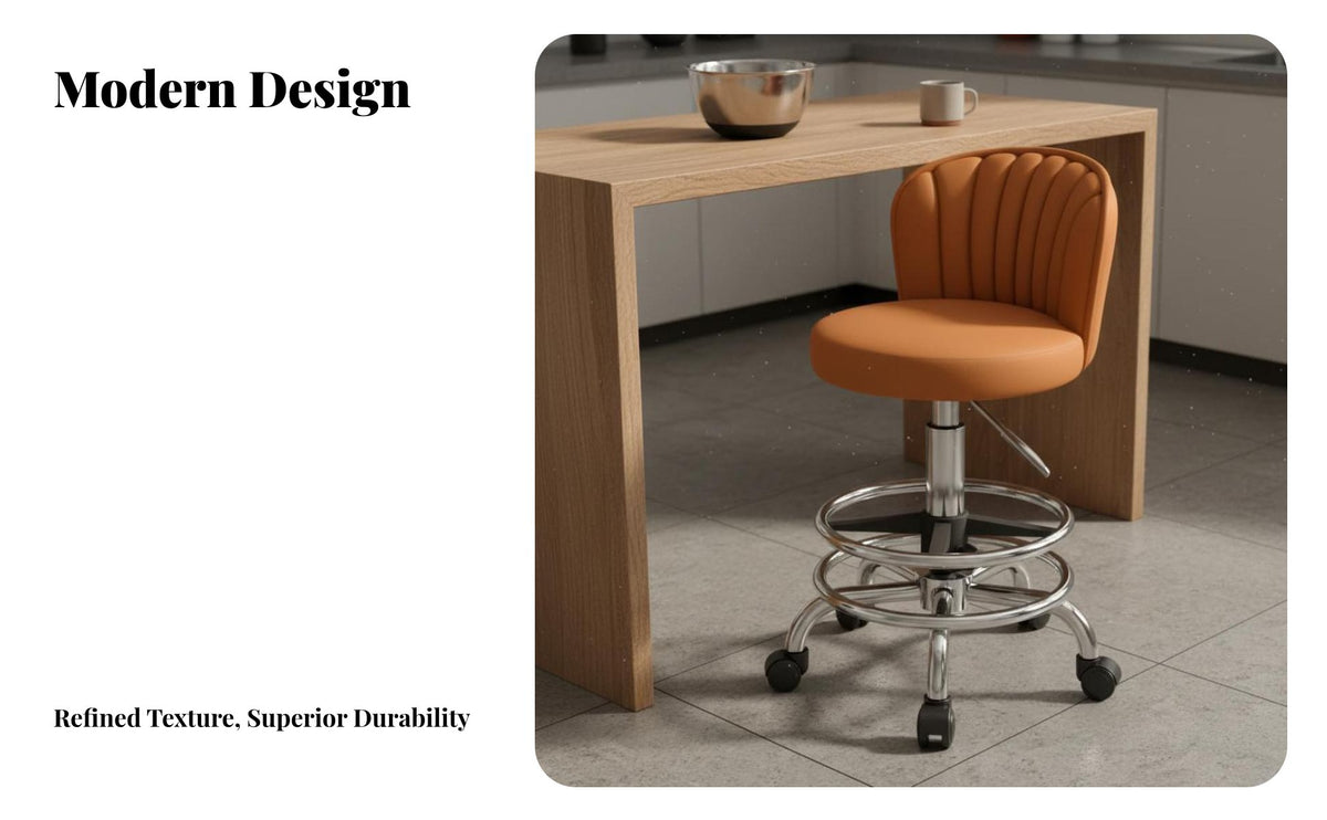 Stable Five-Star Base Adjustable Swivel Bar Stool Floor-Friendly Casters Upholstered Kitchen Stool with Wheels Certified Gas Lift Shell Back Vanity Chair Ergonomic Design for Homeowners, Beauticians, Dressing Room, Bedroom, Studio, Office