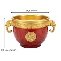 Elephant Handle Feng Shui Treasure Basin Gold Rim Copper Feng Shui Wealth Bowl Ornate Decorative Vessel for Living Room