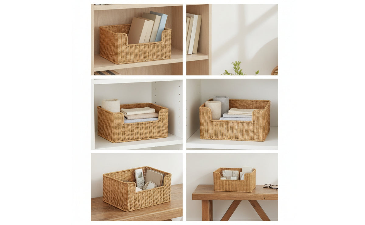 Imitation Rattan Basket Rectangular Basket with Low Front Portable Wicker Desk Organizer for Shelves