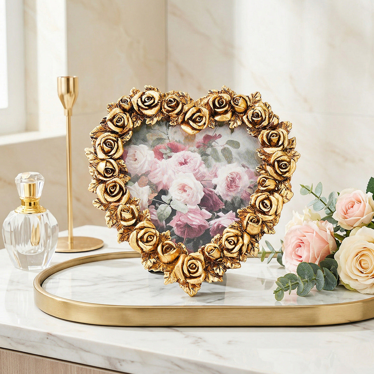 European Carved Gold Rose Heart Photo Frame