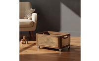 Storage Basket with Wheels Walnut-Finish Rolling Basket Woven for Under Console