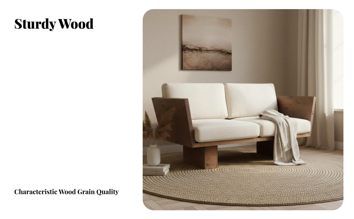 Wabi-Sabi Design Upholstered Wood Frame Sofa Japanese aesthetic 3-Seater Upholstered Settee Minimalist Aesthetic Couch Space-Saving for Apartment Dwellers, Homeowners, Guesthouse managers, Hotel Lobby, Lounge Area, Office, Bedroom