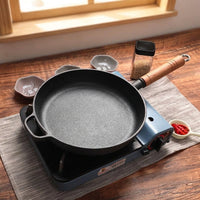 Frying Pan with Glass Lid and Oil Brush for Stir Fry, Heavy Duty Cast Iron Griddle Pan for Steak, Flat Bottom Pancake Pan, No Coating Ceramic