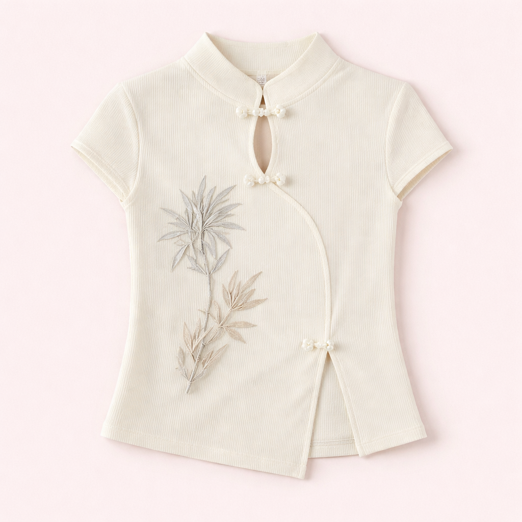 Ladies Fashion Oriental Style Top with Traditional Frog Button Closure, Embroidered Floral Shirt for Summer Office Wear