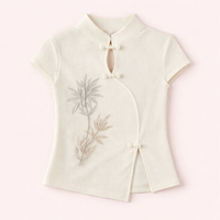 Ladies Fashion Oriental Style Top with Traditional Frog Button Closure, Embroidered Floral Shirt for Summer Office Wear