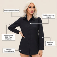 Shirts for Women Oversized Blouse with Tennis-Style Collar Design, Loose Fit Beach Cover Up in Polyester Material