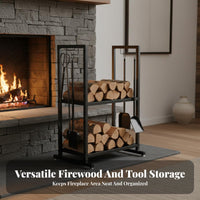 Indoor Outdoor Use Firewood Rack with Tool Set Minimalist Design Firewood Log Rack with Tools Wrought Iron Log Bin Easy Assembly for Patio, Living Room