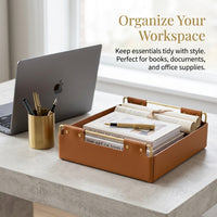 Storage Baskets for Office Desk with Rose Gold Metal Frame and Leather Base, Organizer with Built-In Handle, Decorative Wire