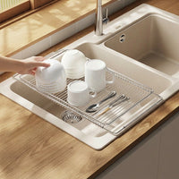 Extendable Drainer Dish Rack and Telescopic Sink Basket, Stainless Steel Sink Drainer, Space Saving Kitchen Counter Over Sink Dish Rack