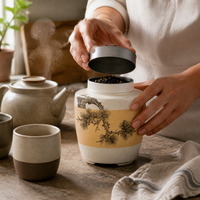 Vintage Chinese Hand-Painted Ceramic Tea Caddy with Pewter Lid for Puerh Tea Storage