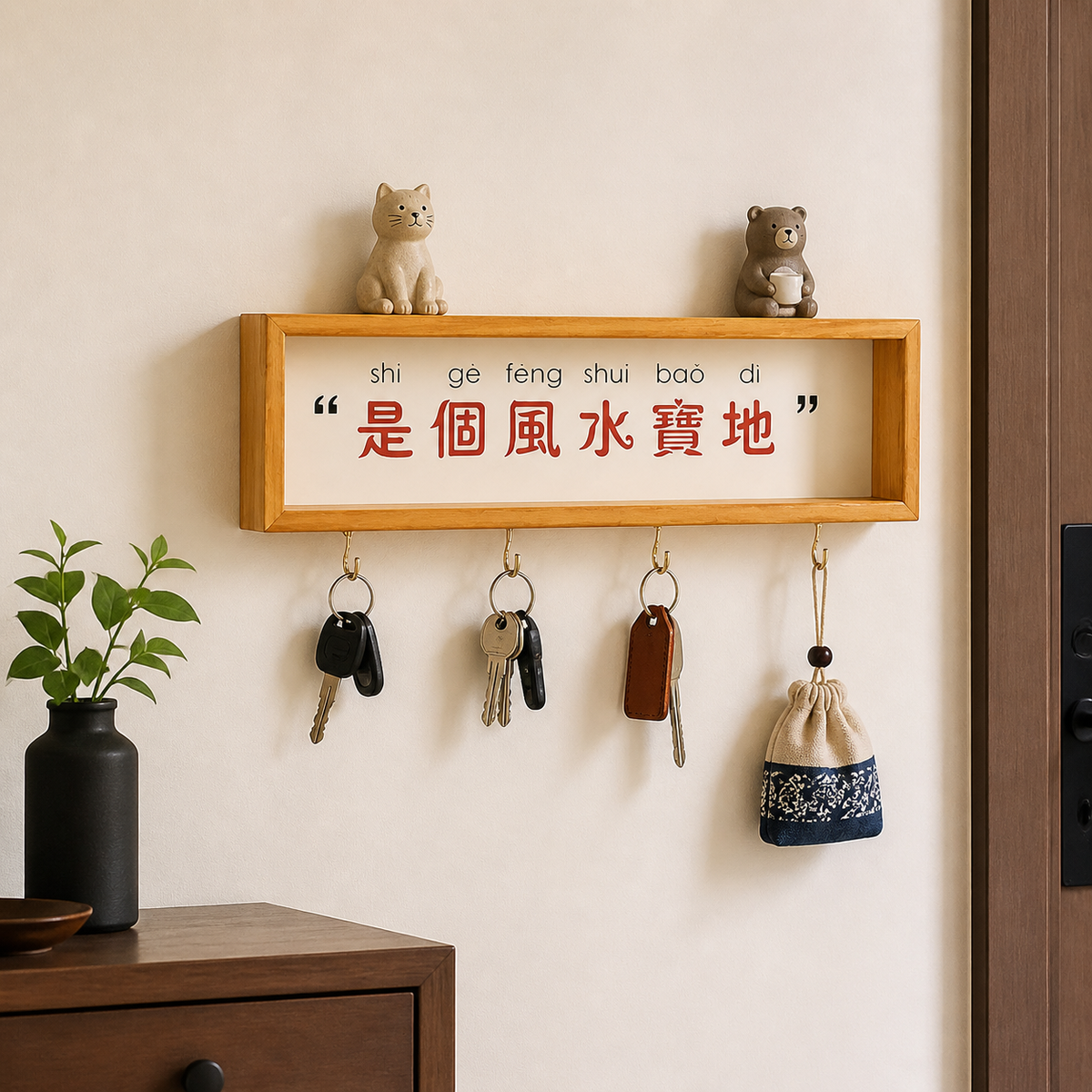 Modern Minimalist Wooden Key Holder, Wall Mounted Key Organiser with Shelf & Multiple Hooks, No-Drill Key Hanger for Entryway