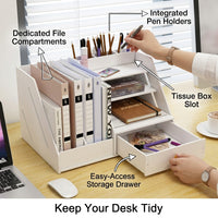 4+2 Desktop File Organizer with Drawer and Pen Holder, 3 Tier Document Sorter for Students, Multi Level Workspace Organization Rack