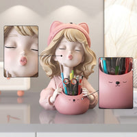 Pink Figurine Pen Holder Sculpted Girl Figurine Organizer Aesthetic Desk Organizer with Container Cartoon for Vanity