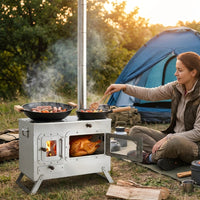 Foldable Rocket Stove for Camping, Wood Stove with Pizza Stone, Portable Camping Cooker for 3-5 People, 50.5x28.5x33cm