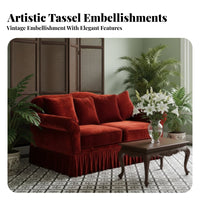 French Inspired Skirted Velvet Sofa Sumptuous Upholstery Upholstered Couch Designer Piece Living Room Furniture Vintage Aesthetic for Interior Designers, Homeowners, Families, Lounge, Boutique Hotel, Apartment, Reception Area